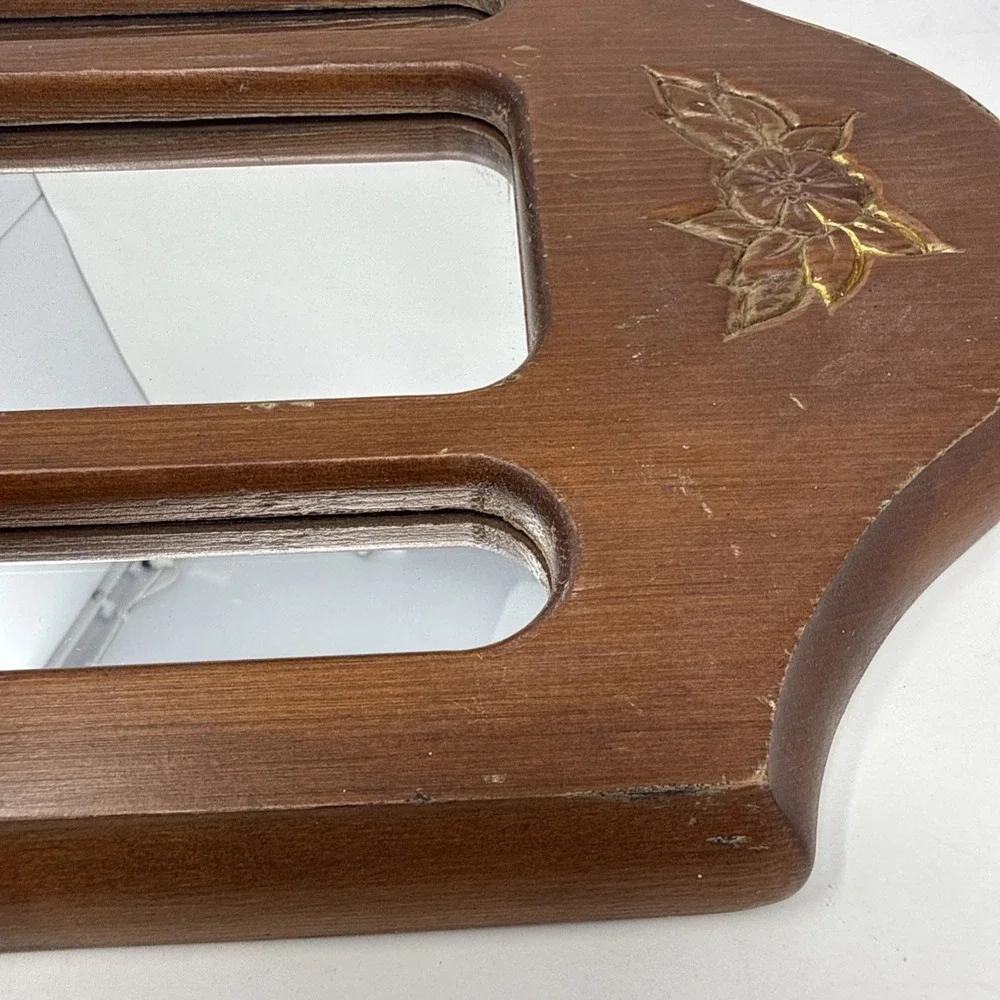 VTG Wooden Wall Mirror Hanging Shelf Floral Etched Cottage Farmhouse 15X8.5 In